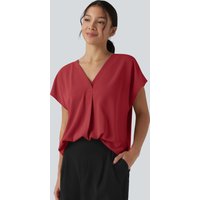 Halara Wrinkle Recovery V-neck Short Sleeve Oversized Work Blouse - Rhythmic Red - XL