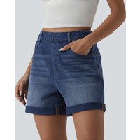 Halara Halara Flex™ High Waisted Rolled Hem Denim Casual Baggy Shorts with Pockets - Estate Blue Denim - XL(regular)