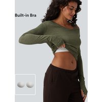 Halara One-Shoulder Long Sleeve Ruched Built-in Bra Casual Heathered Top - Light Green Floral Yarn - S