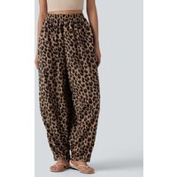 Halara High Waisted Flowy Leopard Print Waffle Casual Joggers with Pockets - Noir Safari - XL(regular)