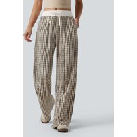 Halara Mid Rise Drawstring Wide Leg Plaid Casual Trousers with Pockets - Oatmeal Khaki Plaid - XS(regular)