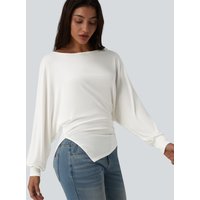Halara Ribbed Knit Boat Neck Batwing Long Sleeve Split Ruched Hem Casual Top - Frost White - XL