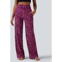 Halara Halara UltraSculpt™ Leopard Print High Waisted Tummy Control Straight Leg Yoga Trousers with Pockets - Black and Fuchsia Leopard Print - XL(tall)