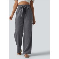 Halara High Waisted Lettuce Trim Belted Straight Leg Casual Linen-Feel Trousers with Pockets - Obsidian Weave - XL(regular)
