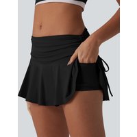 Halara SoftlyZero™ Airy Low Rise Ruched Drawstring 2-in-1 InstantCool Micro Mini Tennis Skirt with Pockets - Black - XL(regular)