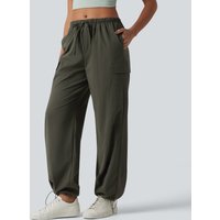 Halara Mid Rise Drawstring Straight Leg Casual Cargo Trousers with Pockets - Forest Night - XL(regular)
