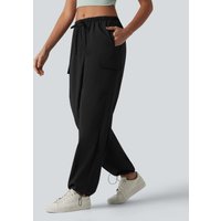 Halara Mid Rise Drawstring Straight Leg Casual Cargo Trousers with Pockets - Black - XL(regular)