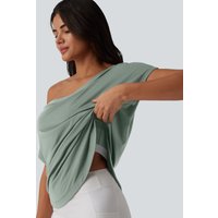 Halara One Shoulder Short Sleeve Curved Hem High Low Quick Dry Yoga Sports Top-Built-in Bra - Iceberg Green - XL