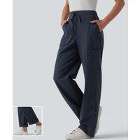 Halara Mid Rise Drawstring Adjustable Pant Length Casual Straight Leg Cargo Trousers with Pockets - Midnight Blue - XL(regular)
