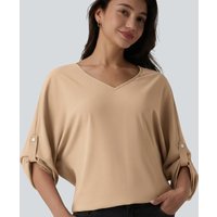 Halara Wrinkle Recovery V Neck Long Sleeve Work Blouse - Gray Sand - XL