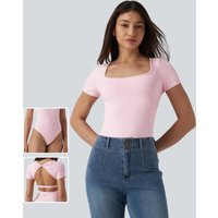 Halara Twisted Backless U-neck Short Sleeve Skinny Casual Bodysuit - Raindrops on Roses - XL