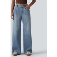 Halara Halara Flex™ Mid Rise Washed Baggy Wide Leg Casual Jeans with Pockets - Powder Blue Denim - XL(petite)