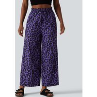 Halara High Waisted Drawstring Pocket Leopard Print Wide Leg Casual Trousers - Vibrant Violet Leopard - XS(regular)