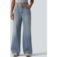 Halara Halara Flex™ Mid Rise Washed Baggy Wide Leg Casual Jeans with Pockets - Sunset Blue Denim - XL(petite)