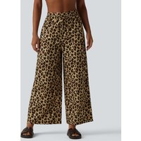 Halara High Waisted Drawstring Pocket Leopard Print Wide Leg Casual Trousers - Sandstone Brown Leopard - XL(regular)