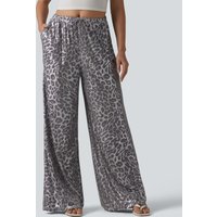 Halara Mid Rise Drawstring Baggy Leopard Print Casual Trousers with Pockets - Silvery White Leopard Print - XL(regular)