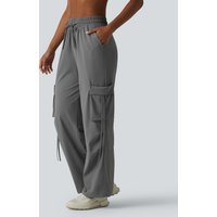 Halara High Waisted Drawstring Wide Leg Quick Dry InstantCool Workout Cargo Trousers with Pockets-UPF40+ - Steel Gray - XL(regular)