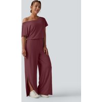 Halara One-shoulder Short Sleeve Split Hem Casual Jumpsuit with Pockets-Easy Peezy - New Maroon - XL(regular)