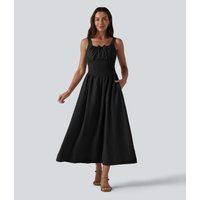 Halara Square Neck Lace Up Corset Midi Casual Dress with Pockets - Black - XL