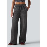 Halara Mid Rise Denim Print French Terry Casual Sweatpants Jeans with Pockets - Smoky Washed Black - XL(petite)