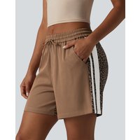 Halara Mid Rise Drawstring Color Block Stripes Contrast Leopard Casual Baggy Shorts 5'' with Pockets - Black Coffee Leopard Print - XL