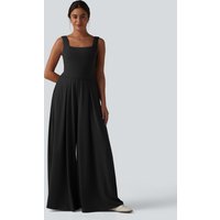 Halara Square Neck Baggy Casual Jumpsuit with Pockets-Easy Peezy Edition - Black - XL(regular)
