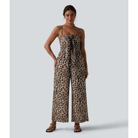 Halara Tie-front Shirred Leopard Mesh Casual Slip Baggy Jumpsuit with Pockets - Gold Leopard Print - XL(regular)