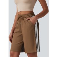 Halara Mid Rise Drawstring Color Block Stripes Contrast Leopard Casual Baggy Shorts 10'' with Pockets - Black Coffee Leopard Print - XL(regular)