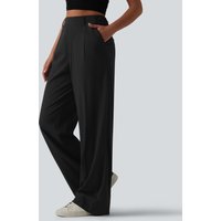 Halara High Waisted Straight Leg Casual Stretch Linen Trousers with Pockets - Black - XL(regular)