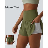 Halara Breezeful™ Foldover Super High Waisted Crossover Hem 2-in-1 Quick Dry Workout Shorts with Pockets - Sphagnum - XL