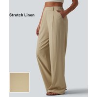 Halara High Waisted Straight Leg Casual Stretch Linen Trousers with Pockets - Oatfield Cream - XL(regular)