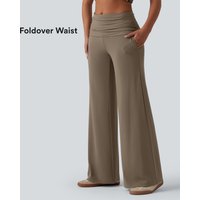 Halara Ribbed Knit Foldover Super High Waisted Baggy Casual Trousers with Pockets - Dawn Brown - M(regular)
