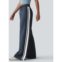 Halara Mid Rise Drawstring Color Block Stripes Contrast Leopard Casual Baggy Trousers with Pockets - Navy Blue Leopard Print - XL(regular)