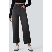 Halara Halara Flex™ High Waisted Pockets Rolled Hem Wide Leg Washed Casual Jeans - Deep Ink Black Denim - XL(petite)