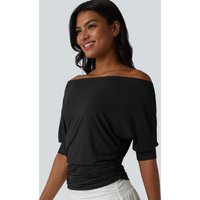 Halara Off-shoulder Short Sleeve Ruched Casual Top - Black - L