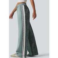 Halara Mid Rise Drawstring Color Block Stripes Contrast Leopard Casual Baggy Trousers with Pockets - Green Leopard Print - XL(regular)