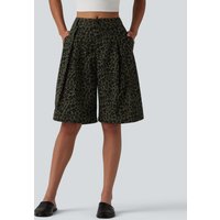 Halara Mid Rise Leopard Print Casual Baggy Shorts 10'' with Pockets - Olive Leopard - XL