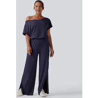 Halara One-shoulder Short Sleeve Split Hem Casual Jumpsuit with Pockets-Easy Peezy - Inkling - XL(regular)
