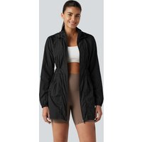 Halara Durable Water Repellent Lightweight Hooded 2-Way Zipper Drawstring Split Hiking Jacket with Pockets - Black - XL