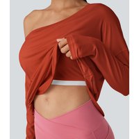 Halara One Shoulder Long Sleeve Thumb Hole Curved Hem High Low Quick Dry Yoga Sports Top-Built-in Bra - Rooibos Tea - XL
