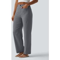 Halara High Waisted Straight Leg Casual Linen-Feel Trousers with Pockets - Obsidian Weave - XL(extall)