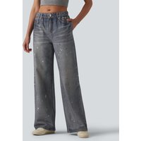 Halara Mid Rise Denim Print French Terry Casual Sweatpants Jeans with Pockets - Painted Vintage Blue - XL(petite)