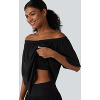 Halara Off-shoulder Short Sleeve Split Curved Hem Built-in Bra Relaxed Casual T-Shirt - Black - XL