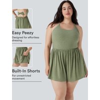 Halara Backless Twisted 2-in-1 Resort Plus Size Playsuit with Pockets-Easy Peezy Edition - Light Green Floral Yarn - 3X