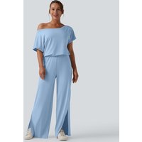 Halara One-shoulder Short Sleeve Split Hem Casual Jumpsuit with Pockets-Easy Peezy - Cerulean - XL(regular)