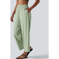 Halara High Waisted Straight Leg 7/8 Casual Stretch Linen Trousers with Pockets - Mist Meadow Green - XL(regular)
