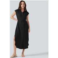 Halara Collar Cap Sleeve Belted Curved Split Hem Midi Casual Linen-Blend Shirt Dress with Pockets - Black - XL