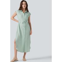 Halara Collar Cap Sleeve Belted Curved Split Hem Midi Casual Linen-Blend Shirt Dress with Pockets - Smoke - XL