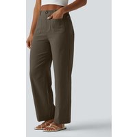 Halara High Waisted Straight Leg Casual Linen-Feel Trousers with Pockets - Dark Earthy Brown - XL(regular)