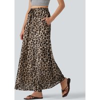 Halara High Waisted Drawstring Baggy Leopard Print Sheer Mesh Casual Trousers with Pockets - Gold Leopard Print - XL(regular)